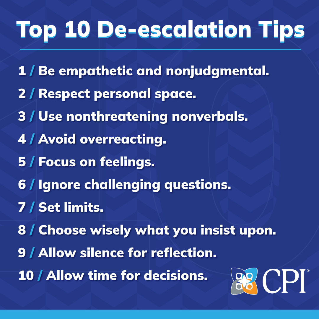 These de-escalation tips can help you respond to difficult behavior in the safest, most effective way possible. Learn about each tip here: bit.ly/3QjcW4e #empathy #respect #limits #reflection