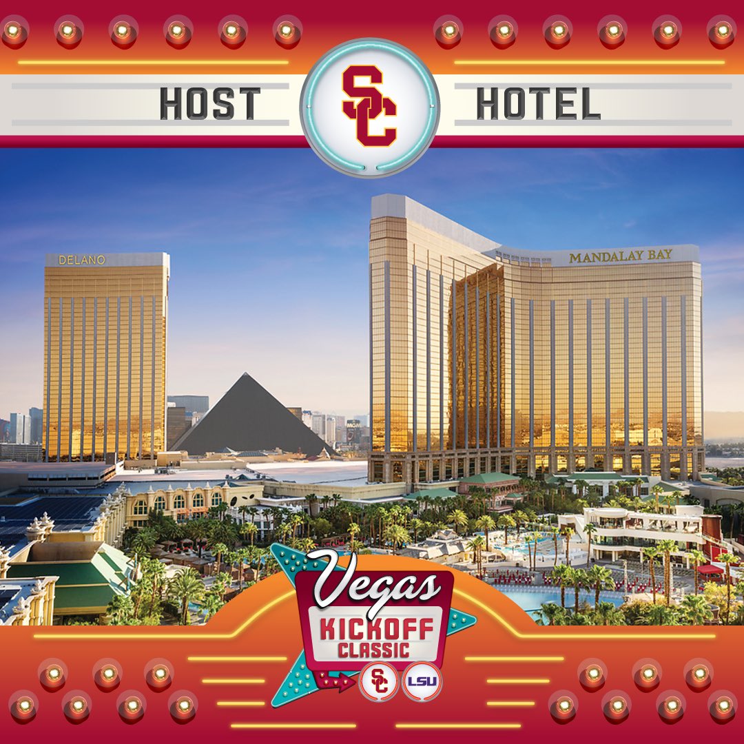 The essence of escape and adventure is the perfect home for our @uscfb family. Don’t forget it is also conveniently located across the street from @AllegiantStadm. 🏟️ Book your room today! linktr.ee/lasvegasbowl #VegasKickOffClassic | #Vegas | #BowlSeason