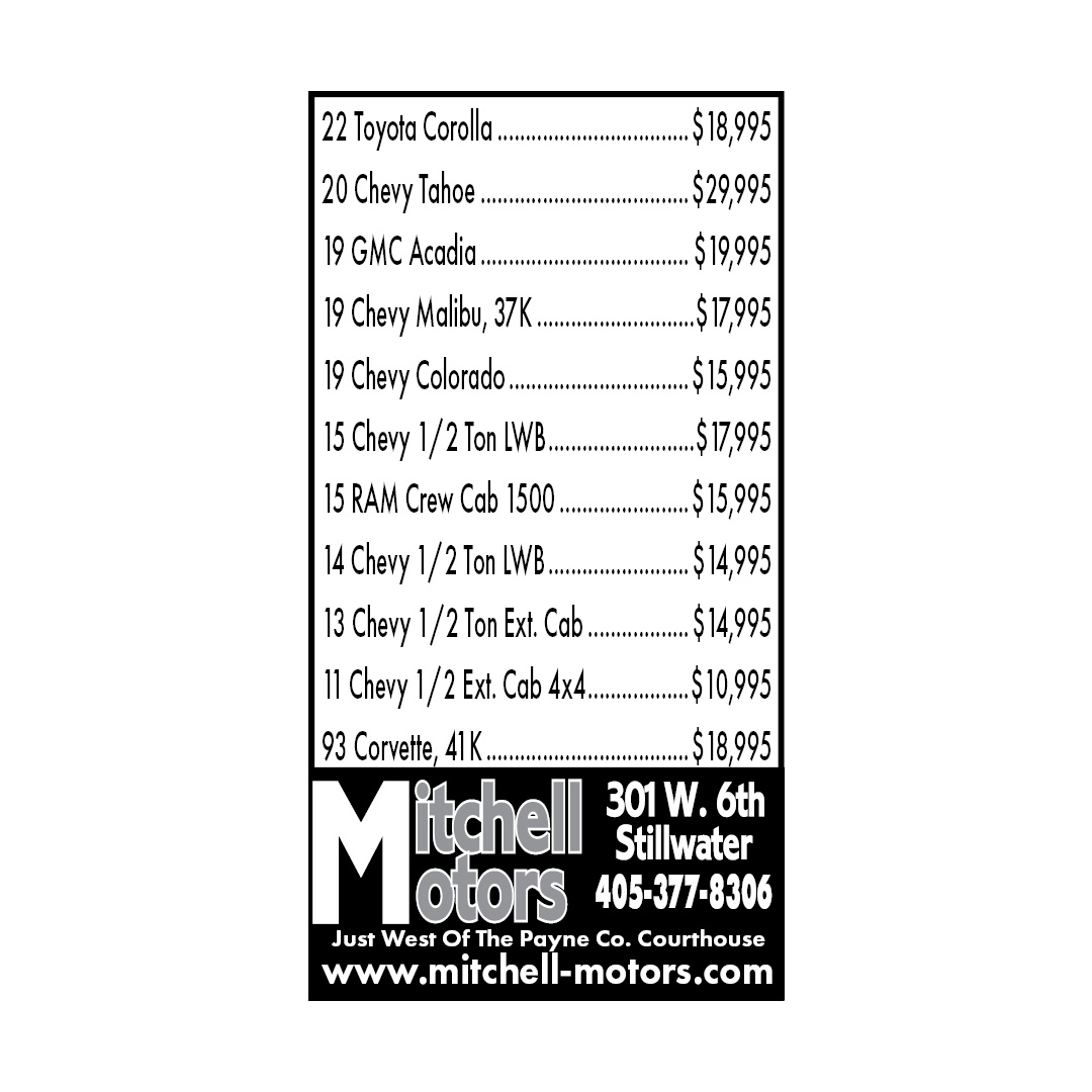 Plan that summer road trip! 🚗🚙🛻 Give Mitchell Motors a Call at 405-377-8306

#SupportSmallBusiness #shopperswork #AtYourService #classifiedswork #TheRightChoice #OklahomaStandard #serviceprofessionals #stillwaterok #preownedvehicles