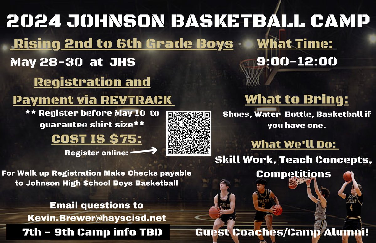Camp is just around the corner! Register by May 10th to guarantee shirt size. Register using the QR code or by clicking the link below. bit.ly/JAGHoopsCamp24