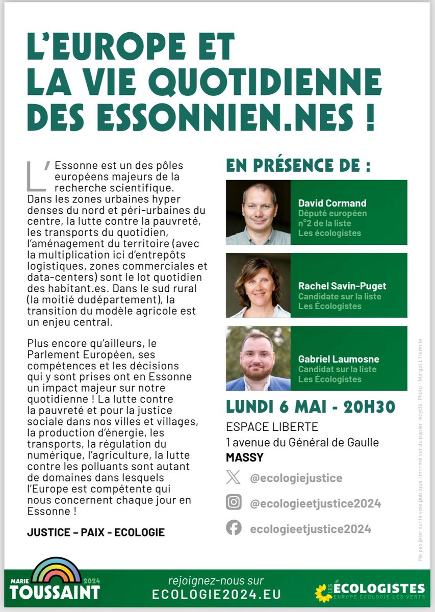 🇪🇺 #Europeennes2024 🇪🇺 Dans le cadre des #electionseuropeennes2024 la coordination départementale EELV de l'Essonne vous invite à nous rejoindre : 🗓 Lundi 6 Mai ⏰ 20h30 📍 Espace Liberté Massy Venez échanger avec les candidat.e.s Écologistes