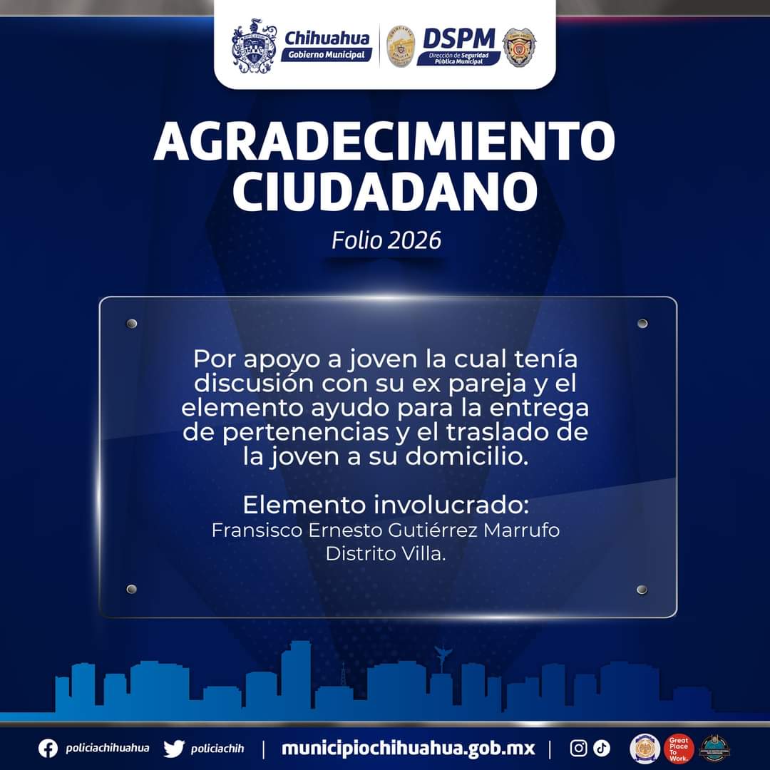 📥 Por medio del Departamento de Atención Ciudadana recibimos el siguiente agradecimiento ciudadano. Reconocemos el trabajo del elemento involucrado por sus acciones al brindar apoyo y seguridad a la ciudadana. 

#ServiryProteger siempre será nuestro deber. 🛡