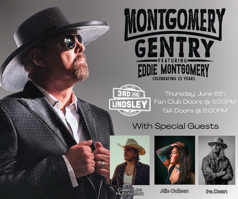 Make plans to join @LuckyManEddie in Nashville to celebrate 25 years of @mgunderground featuring Eddie Montgomery with special guests @IraDeanMusic @_AllieColleen & @CalebLeeMusic at @3rdandLindsley on Thursday, June 6th. Fan Club member tickets are only $25 and include a meet &