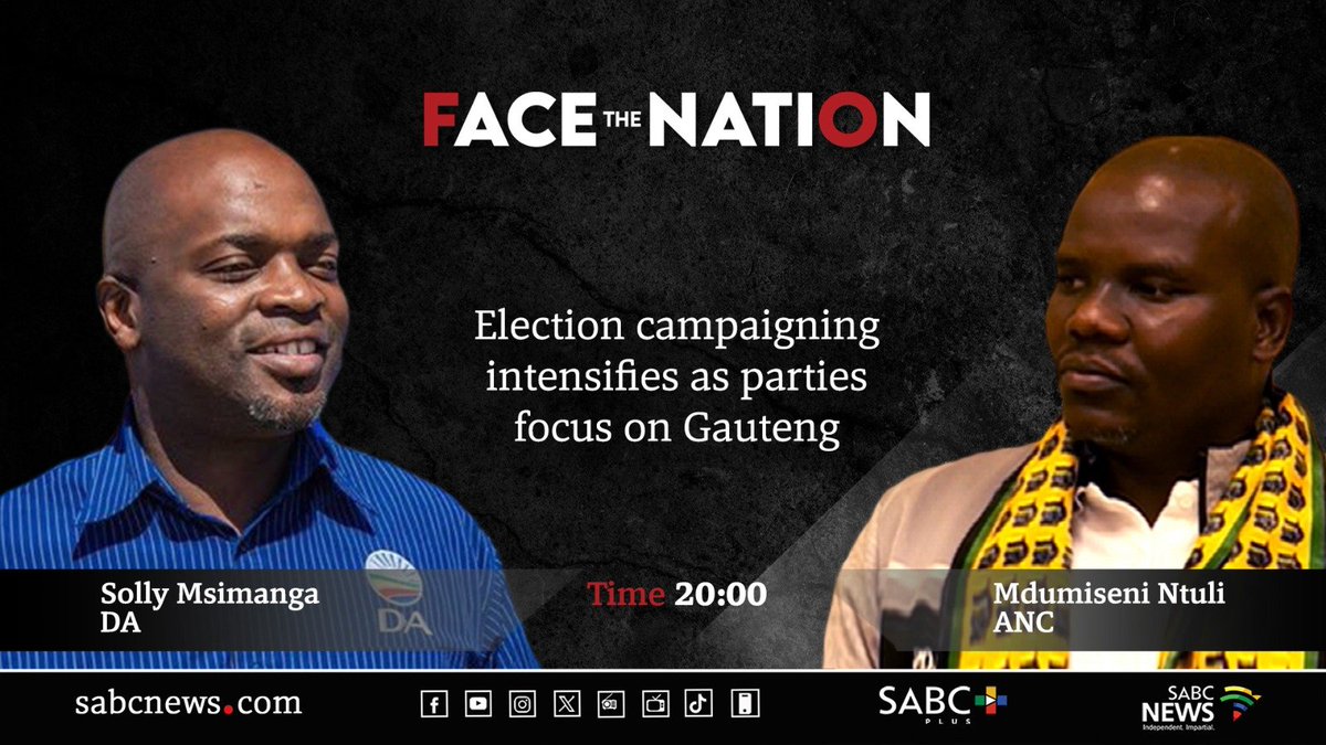 [COMING UP] on @Face_theNation as election campaigning intensifies, ANC National Head of Elections @MduSompisi and DA Gauteng Premier Candidate @SollyMsimanga will face the nation tonight with @TheRealClementM. 

Send us your 30 seconds v/n now on 078 459-1897.
#sabcnews