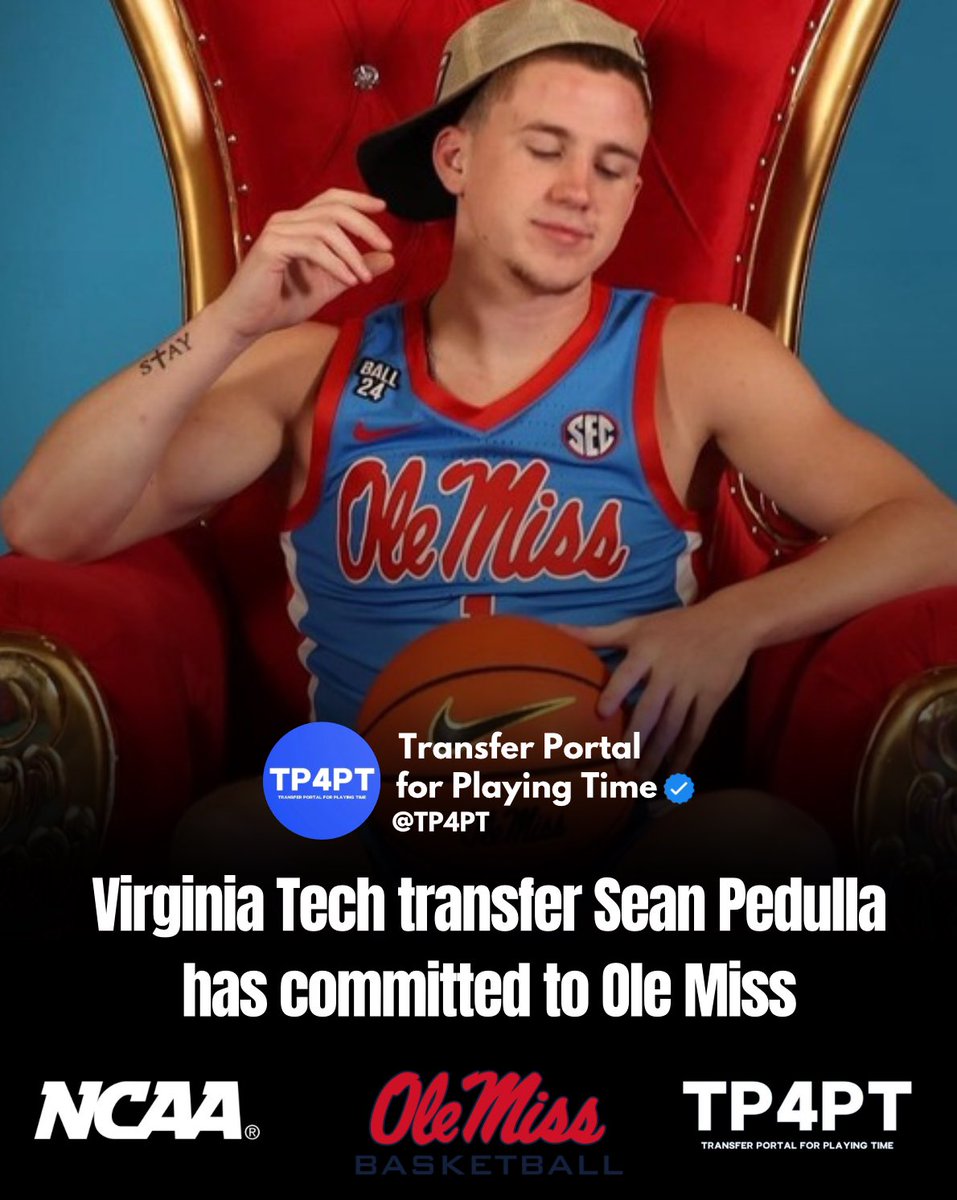 TP Commit: Virginia Tech transfer Sean Pedulla has committed to Ole Miss. He averaged 16.4 points, 4.6 assists, and 4.3 boards in 32 starts this season. Pedulla garnered 2024 All-ACC honors this season, and has scored 1,230 points in his career. #TP4PT #TransferPortal