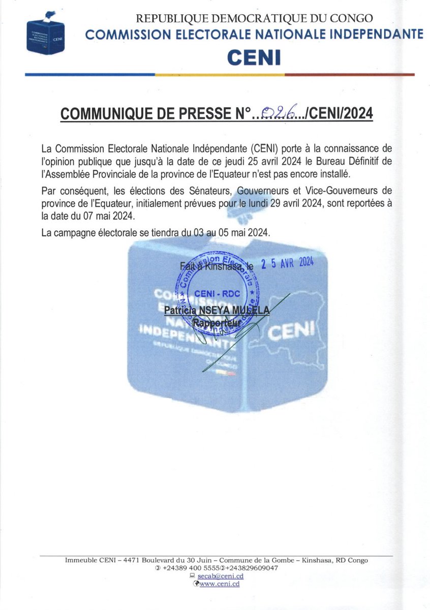 COMMUNIQUE DE PRESSE | N°026/CENI/2024. Relatif au report des élections des Sénateurs, Gouverneurs et Vice-Gouverneurs dans la province de l'Équateur.