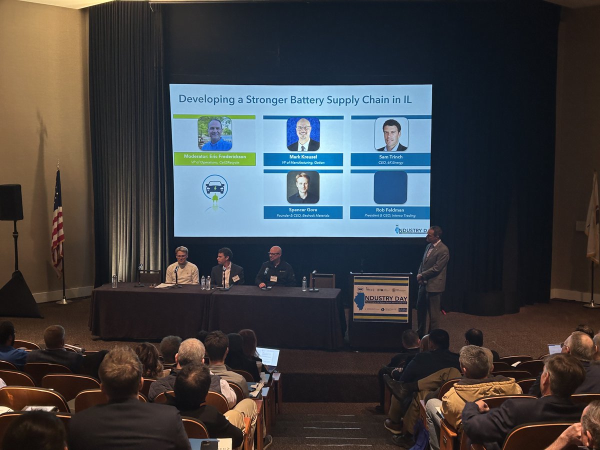 Another great #EVDayIL panel on developing a #battery #supplychain and discussing how collaboration drives innovation. Panelists included:
🔋 Eric Frederickson, @Call2Recycle 
🔋 Mark Kreusel, @Gotion48660
🔋 Sam Trinch, 6K Energy
🔋 Spencer Gore, Bedrock Materials