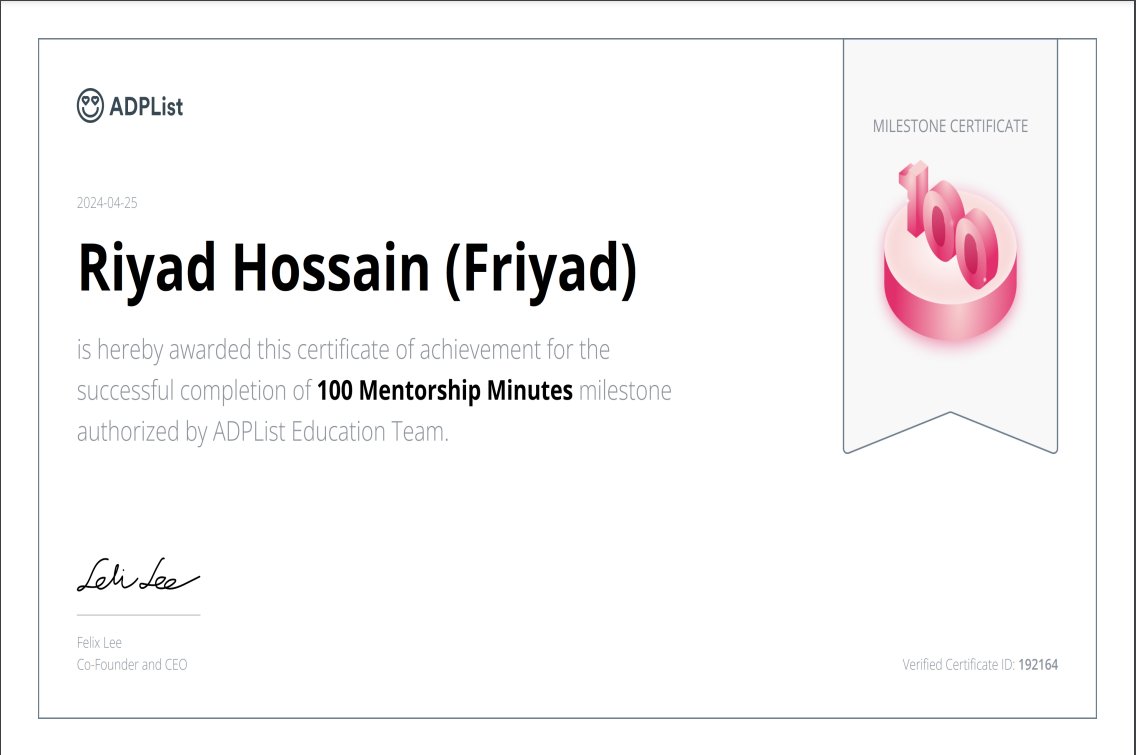 I started my @ADPList journey a month ago. Today, I achieved a certificate for completing 100 mentorship minutes.

Connecting with seniors and learning from them is always a great thing. Even it is 100% FREE. Thanks a lot @ADPList  for creating a platform like this.

#Connections