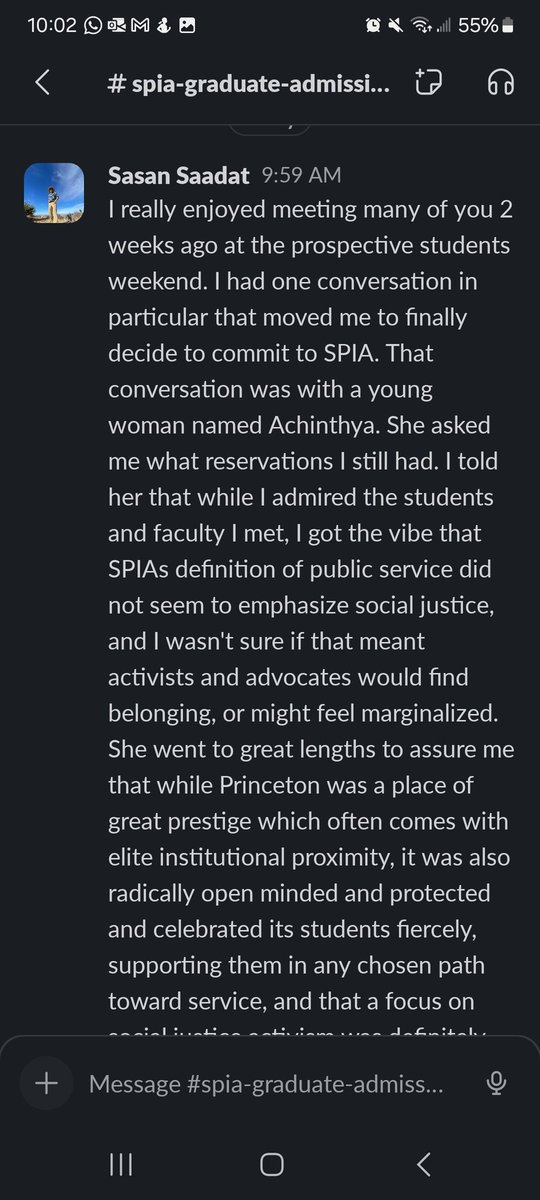 sasan_saadat's tweet photo. 2 weeks ago I met Achinthya at prospective students weekend @PrincetonSPIA. My conversation with her led me to commit to grad school there.

This morning, I woke up to the news that @Princeton has evicted and banned her.

I shared this message in the SPIA admin slack: https://t.co/oSmYADjM8K