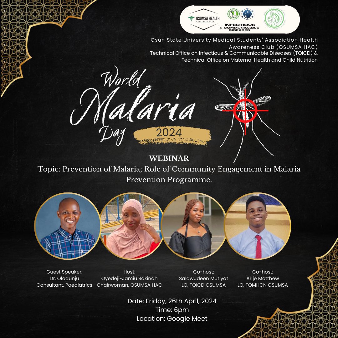 UPCOMING WEBINAR!🥳 🔥 Join us tomorrow for a special webinar marking WORLD MALARIA DAY!❌🦟❌ 📅 Date: April 26th 🕕 Time: 6:00 PM 📍: Google Meet Link: meet.google.com/mhi-fwyb-bpf _Together we can make a difference✨ Please set your reminders☺️ Thank you.💚