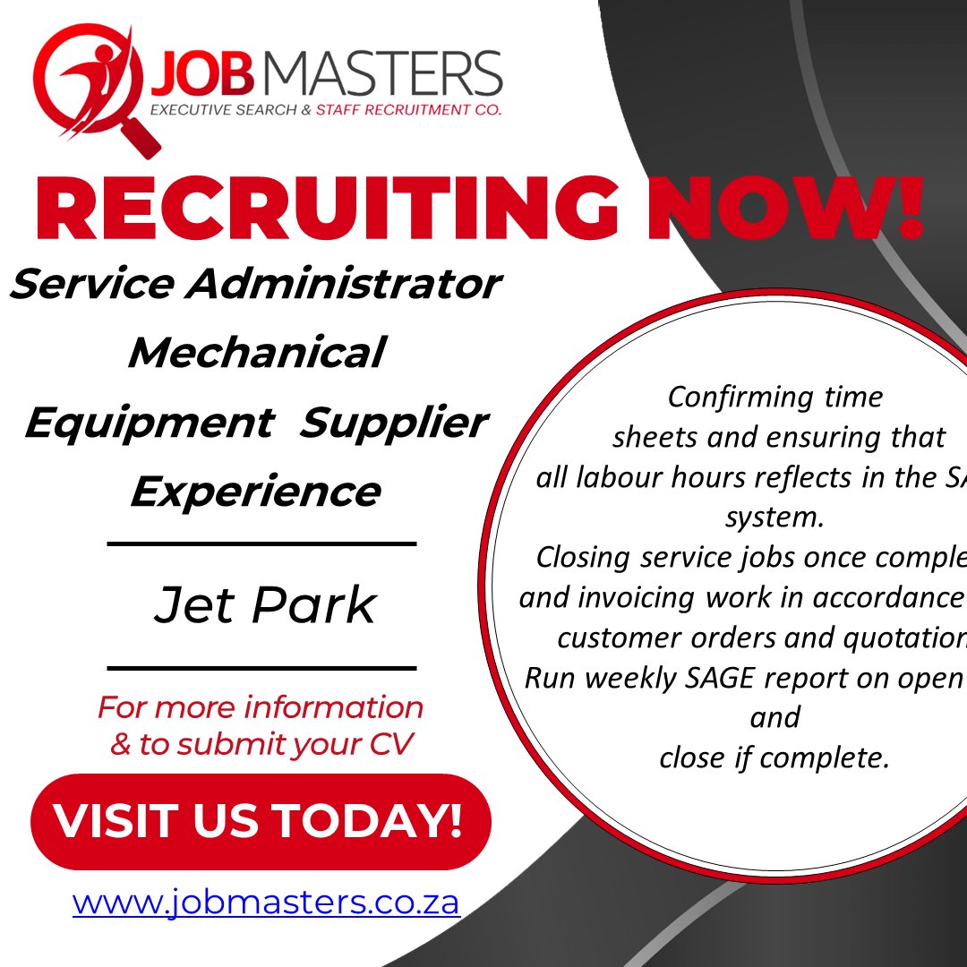 PaulaViljo49469's tweet image. Service Administrator - Mechanical Equipment Supplier - Jet Park: Permanent position available - Gauteng webapp.placementpartner.com/wi/vacancy?sha… 
#hiring #serviceadmin