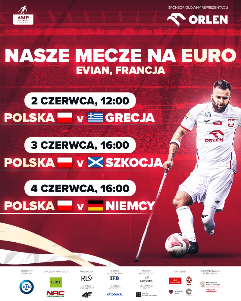 AmpFutbolPolska's tweet photo. 𝐓𝐀𝐊 𝐙𝐀𝐆𝐑𝐀𝐌𝐘 𝐍𝐀 𝐄𝐔𝐑𝐎 🔝
Sprawdźcie terminarz naszych meczów i zapisujcie daty!🇵🇱

⚽️ Mistrzostwa Europy w ampfutbolu
🗓️ 1-8 czerwca
🏟️ Evian 🇫🇷 https://t.co/yiONc3BH9k