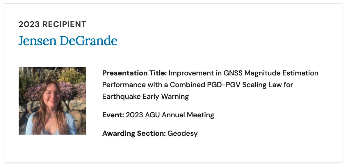 Brendan Crowell (@bwcphd) on Twitter photo Congrats to my student <a href="/jensendegrande_/">Jensen DeGrande</a> for winning one of the <a href="/AGUGeodesy/">AGUGeodesy</a> section OSPA awards at the Fall meeting! Congrats to my student <a href="/jensendegrande_/">Jensen DeGrande</a> for winning one of the <a href="/AGUGeodesy/">AGUGeodesy</a> section OSPA awards at the Fall meeting!