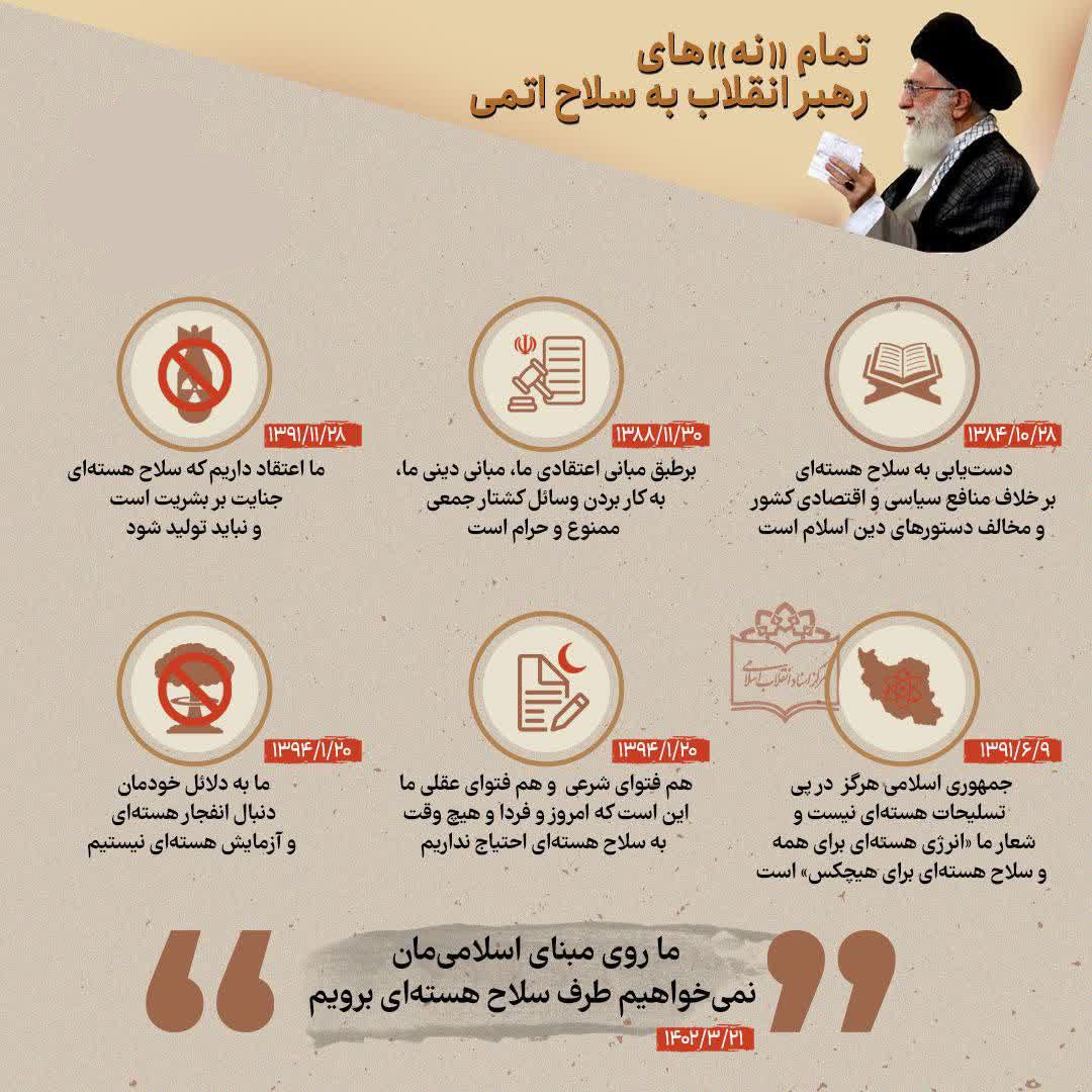 تمام «نه»های خامنه ای به داشتن سلاح اتمی👇👇👇👇
#خامنه‌ای_بخت‌النصر
#طلوع_امپراطوری_پارس
#همه‌چیزدرکنترل‌ری‌استارت‌بود‌‌‌ه‌و‌هست