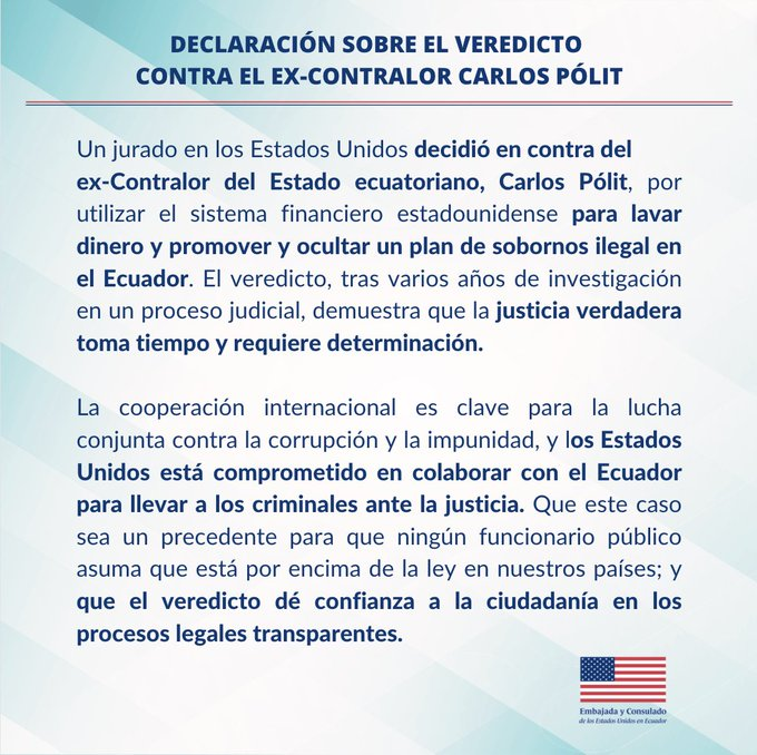 GamaNoticiasEc's tweet photo. #CasoCarlosPólit | Los fiscales y agentes del caso de Carlos Pólit en #EEUU destacan la decisión del jurado que lo declaró culpable y que sirve, según ellos,  para que su país no sea refugio de corruptos. https://t.co/UbtIrlE0h7