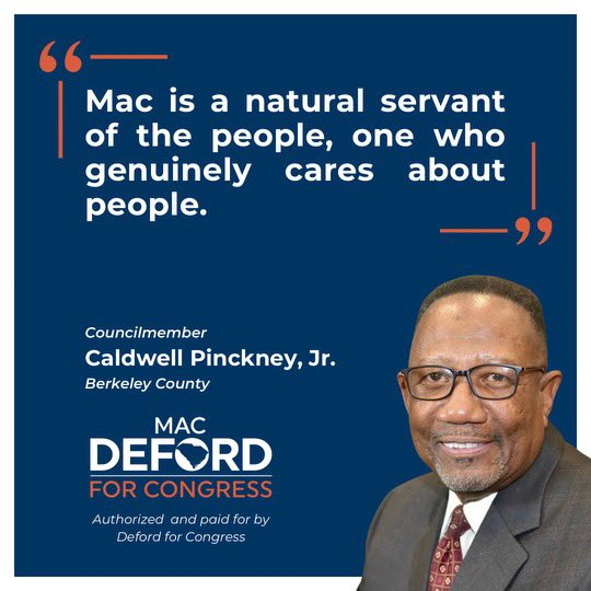 I’m honored to have Caldwell Pinckney’s support in our race for Congress. As fellow veterans and public servants, we’re dedicated to improving the quality of life for all people. I look forward to working with him for the Lowcountry. #SC01