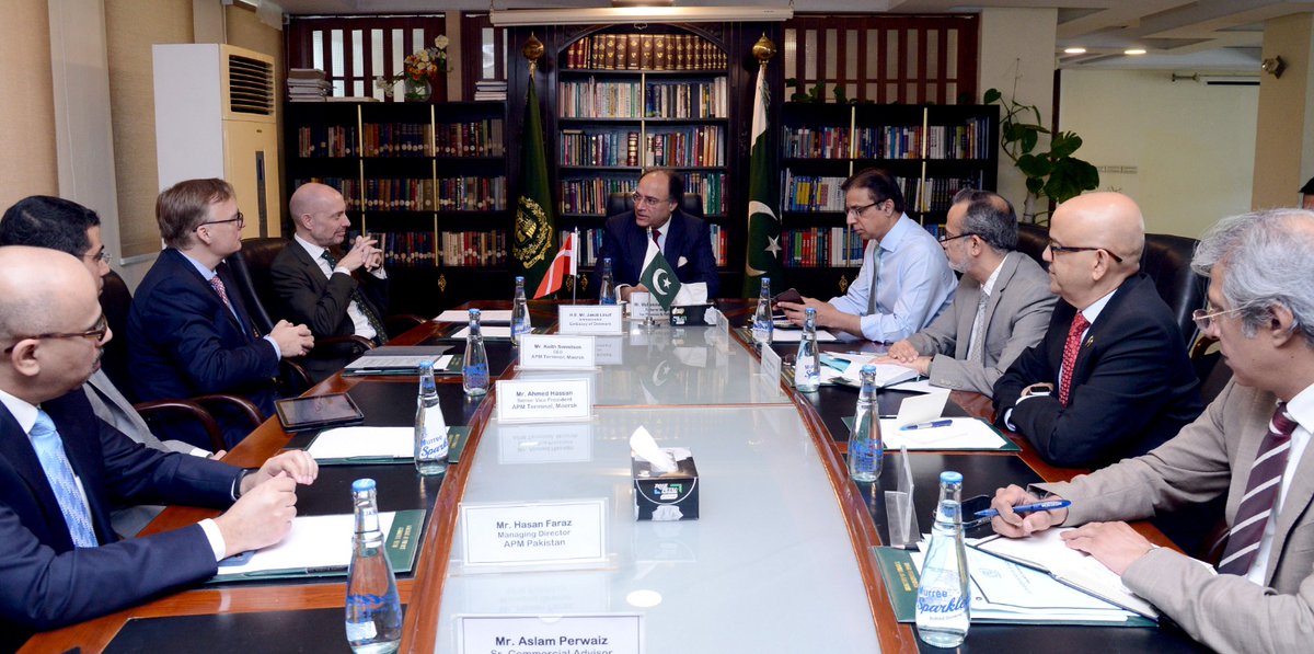 Federal Minister for Finance & Revenue Senator Muhammad Aurangzeb held a meeting with Mr. Keith Svendsen, CEO of APM Terminals accompanied by Ambassador H.E. Jakob Linulf at Islamabad, today.