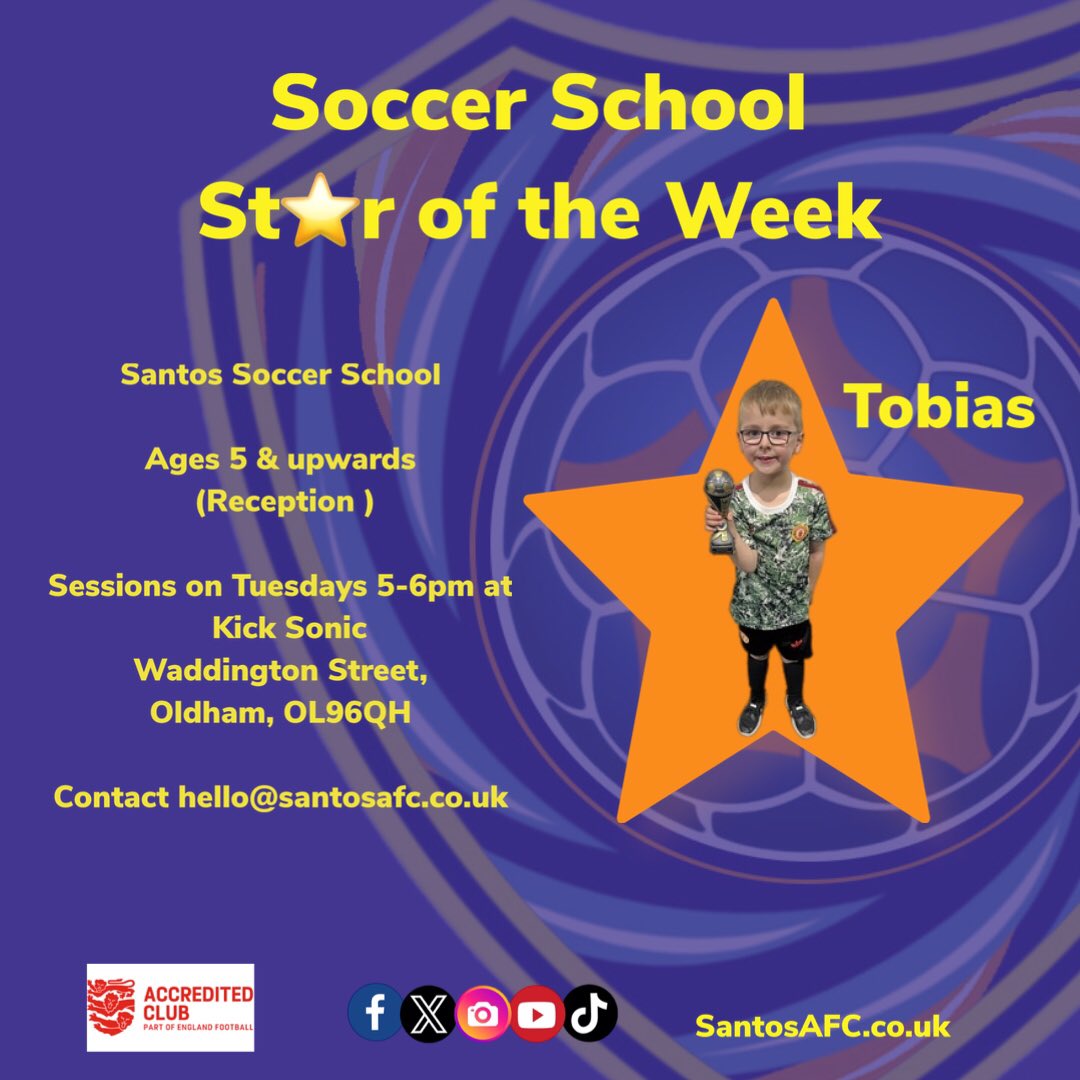 🏆 Star of the Week 🏆
 
#soccerschool  - Tobias  

Keep up the good work 🏆

If you have a son or daughter who wants to join us at a family friendly club please contact us via messenger or hello@santosafc.co.uk ⚽️

#SantosAFC #SantosYouth #soccerschool #girlsfootball