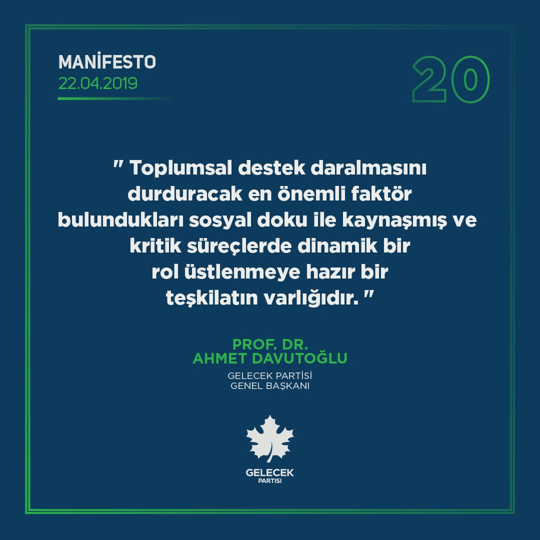 GelecekAdana01's tweet photo. Genel Başkanımız Sayın Prof.Dr Ahmet Davutoğlu:

Toplumsal destek daralmasını
durduracak en önemli faktör
bulunduklar sosyal doku ile kaynaşmış ve kritik süreçlerde dinamik bir rol üstlenmeye hazır bir
teşkilatın varlığıdır. #Adana 

@Ahmet_Davutoglu 
@akyzvolkan
#Manifesto https://t.co/TY2GCgYLUb