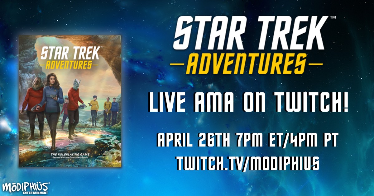 For anyone interested in hearing a bit about the #StarTrekAdventures second edition quickstart and edition as a whole, me, <a href="/_MichaelDismuke/">Michael Dismuke</a>, and <a href="/trek_lug/">Fred Love</a> will be on a live AMA this Friday! Check it out. 

twitch.tv/modiphius  700 PM Eastern US. 

#LLAP <a href="/Modiphius/">Modiphius</a> <a href="/StarTrek/">Star Trek</a>