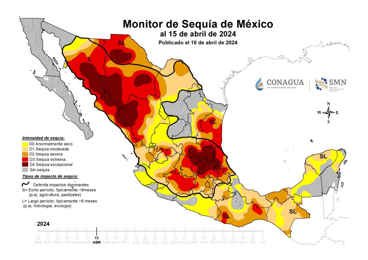 MONITOR DE SEQUÍA 🌵🏜️
Al 15 de abril

🫥La #sequía meteorológica se intensifica en la zona Cañera.

➡️34 de los 43 municipios prestan algún grado de intensidad que es el 79.1% respecto al total del Estado.

⚫️Sequía excepcional:
#AntiguoMorelos
#González
#ElMante
#NuevoMorelos