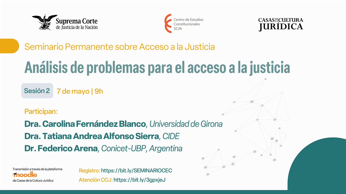 ¿A qué problemas nos enfrentamos en el acceso a la justicia? @CarolinaFBlanco (@univgirona), @TatianaAlfonso (@CIDE_MX) y Federico Arena (@CONICETDialoga - @ubpascal) nos acompañarán en esta conversación. ¡Participa! Registro: bit.ly/SEMINARIOCEC