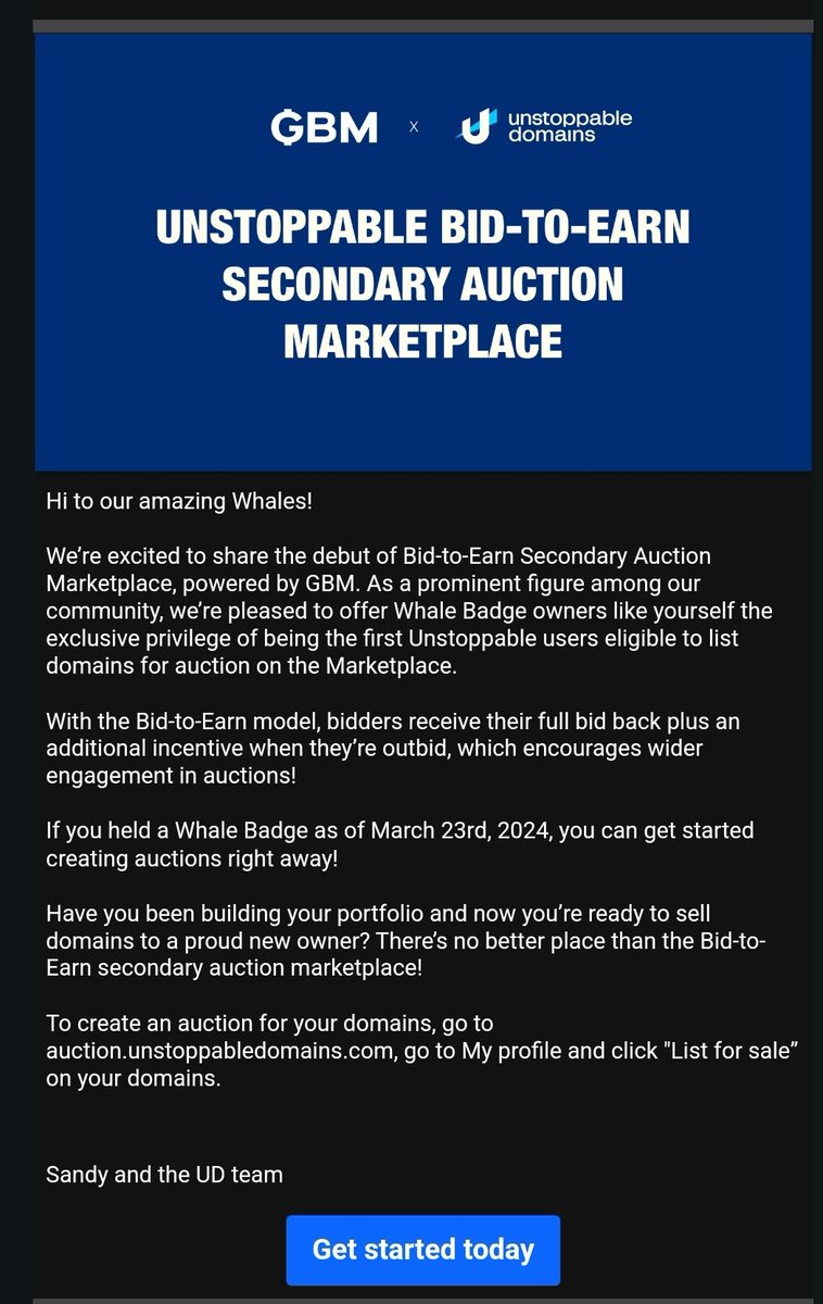 If you are #UnstoppableDomains Whale,u got a badge,meaning u can put your domains for sale on Bid2 Earn Secondary market @GBMauction .
This is awesome!
Thanks @matthewegould and @sandy_carter and whole team.
#udfam #domains #Domainsforsale #crypto #blockchain #digitalidentity