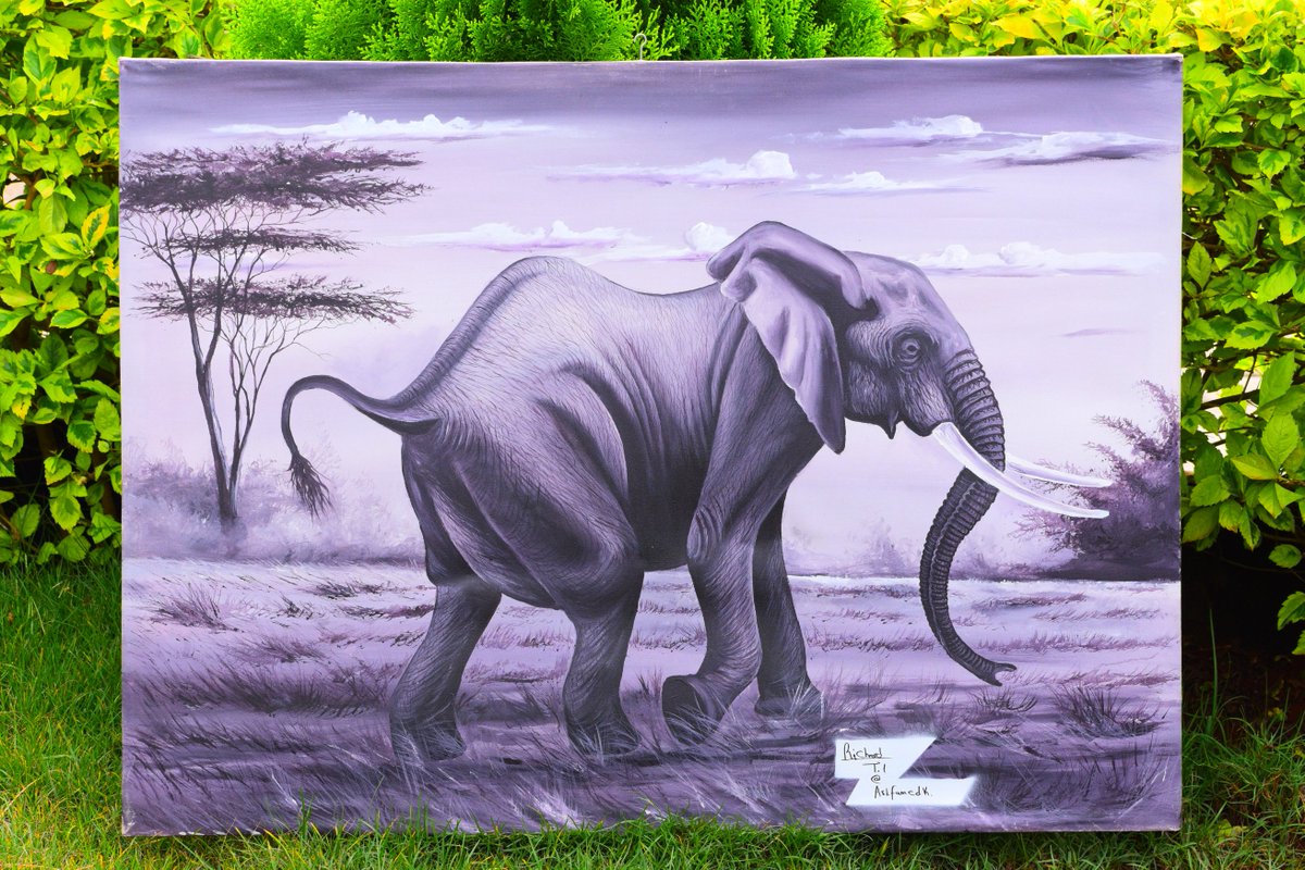 In a striking acrylic painting created by my dad some years ago, a young elephant tusker bull strides across the vast expanse of Amboseli National Park. #artforconservation #endtrophyhunting