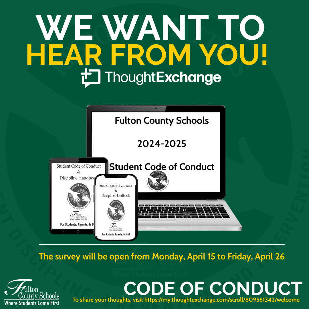 FCS welcomes your input on the Student Code of Conduct, which is updated each year. It’s easy and fast. Please take a moment to share your thoughts. The survey only takes 3 -5 minutes and will be open from April 15 to April 26. TAKE SURVEY >>>>> my.thoughtexchange.com/scroll/8095613…