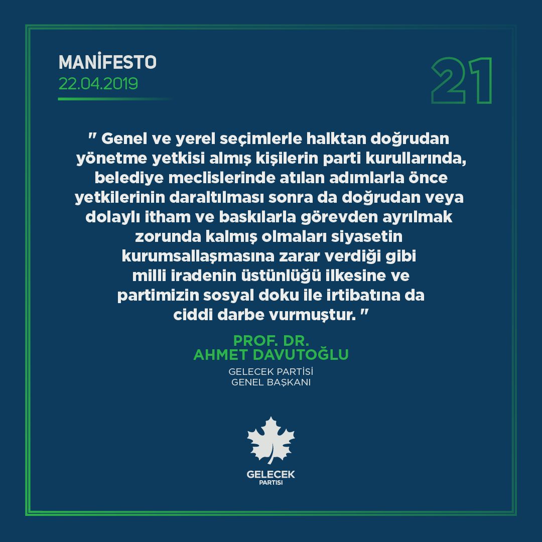 GelecekAdana01's tweet photo. Genel ve yerel seçimlerle halktan doğrudan yönetme yetkisi almış kişilerin doğrudan veya dolaylı itham ve baskılarla görevden ayrılmak zorunda kalmış olmaları milli iradenin üstünlüğü ilkesine ciddi darbe vurmuştur.

Prof. Dr. Ahmet DAVUTOĞLU

@Ahmet_Davutoglu
@akyzvolkan https://t.co/LcJYlDJREf