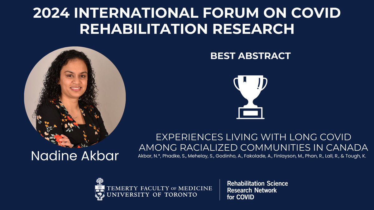 While you wait for the recordings from the 2024 International Forum on COVID Rehab Research, check out the posters from the Forum on our website! tinyurl.com/3kf5n6ax Congrats to @Nadine_A_PhD, @PtAgarwal and Chantal Lin and their teams for their abstract and poster awards!