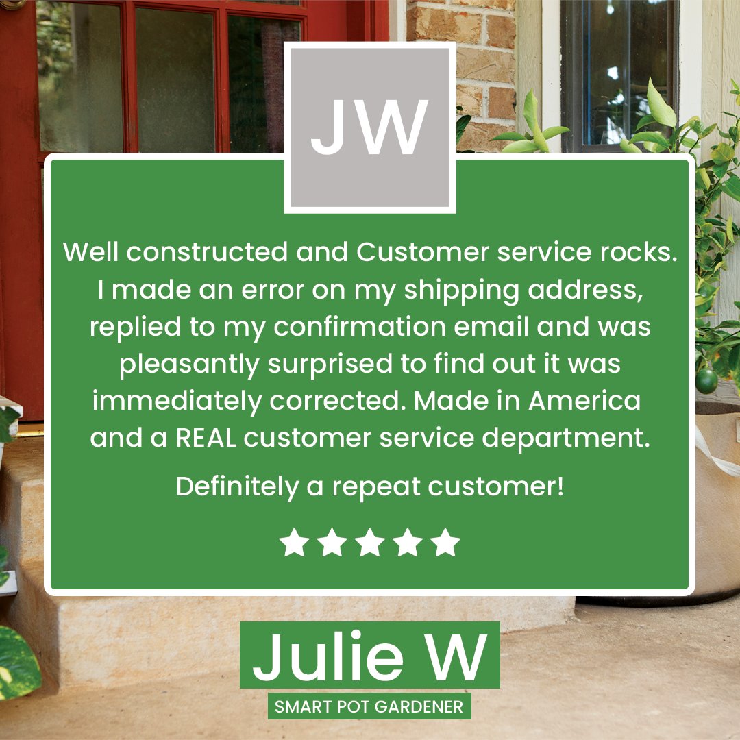 Smart Pot (@smartpots) on Twitter photo Smart Pot Service Gets a Thumbs Up from Julie W 👍
When Gardener Julie accidently made a mistake when ordering her Smart Pots, our Customer Service Team was quick to respond & happy to help!
☎ Call us: 1-800-521-8089
📧 Email us: info@smartpots.com
#customerserice #testimony Smart Pot Service Gets a Thumbs Up from Julie W 👍
When Gardener Julie accidently made a mistake when ordering her Smart Pots, our Customer Service Team was quick to respond & happy to help!
☎ Call us: 1-800-521-8089
📧 Email us: info@smartpots.com
#customerserice #testimony