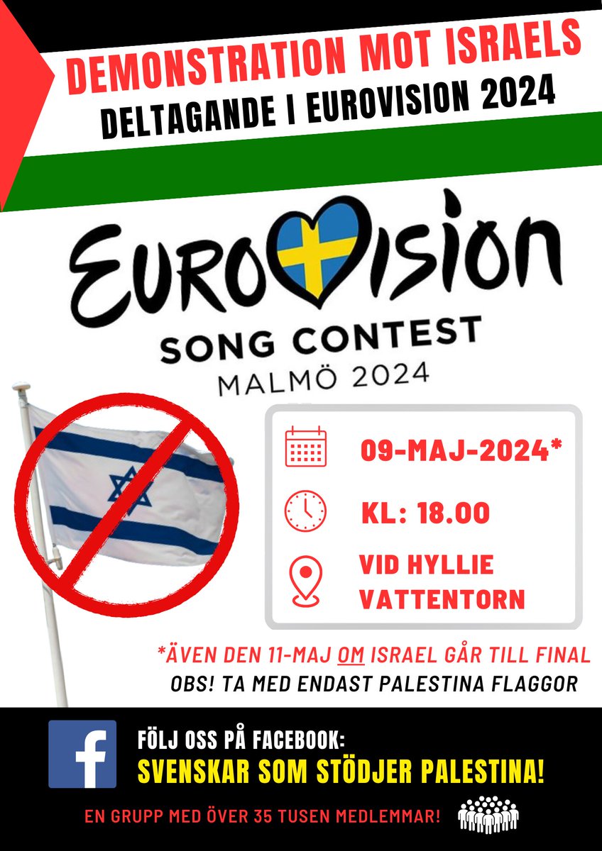 Nu anordnar vi en fredlig demonstration nära Eurovision i Malmö den 09-Maj kl 18.00.

Delta gärna och visa omvärlden hur vi välkomnar skurkstater som begår krigsbrott och folkmord. Om inte Ryssland ska få delta pga dess aggression, då ska inte Israel heller…!

From the River to