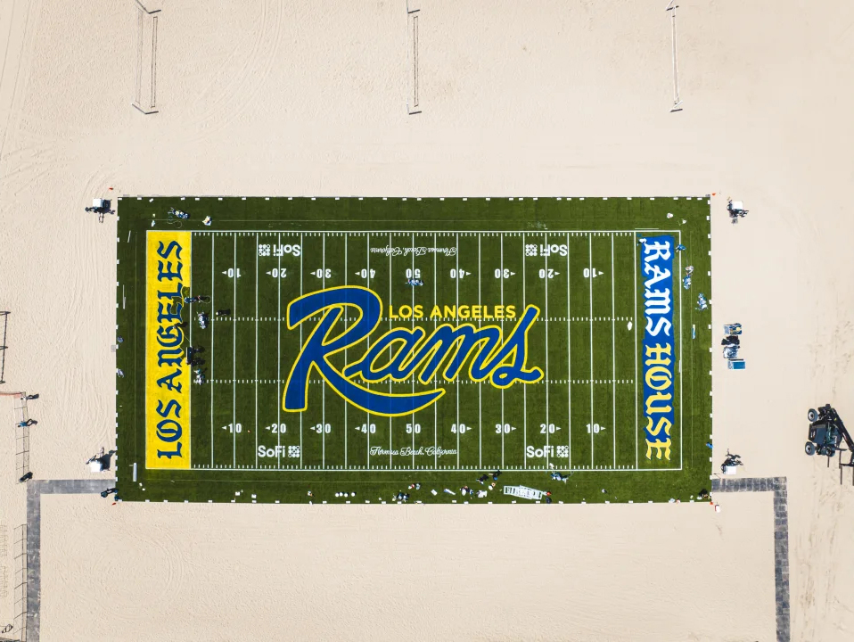 The LA Rams built a 60-yard turf football field on Hermosa Beach as part of their NFL Draft Experience.

It's set to host more than 2,000 local youth for clinics, tournaments, and other activities this weekend.