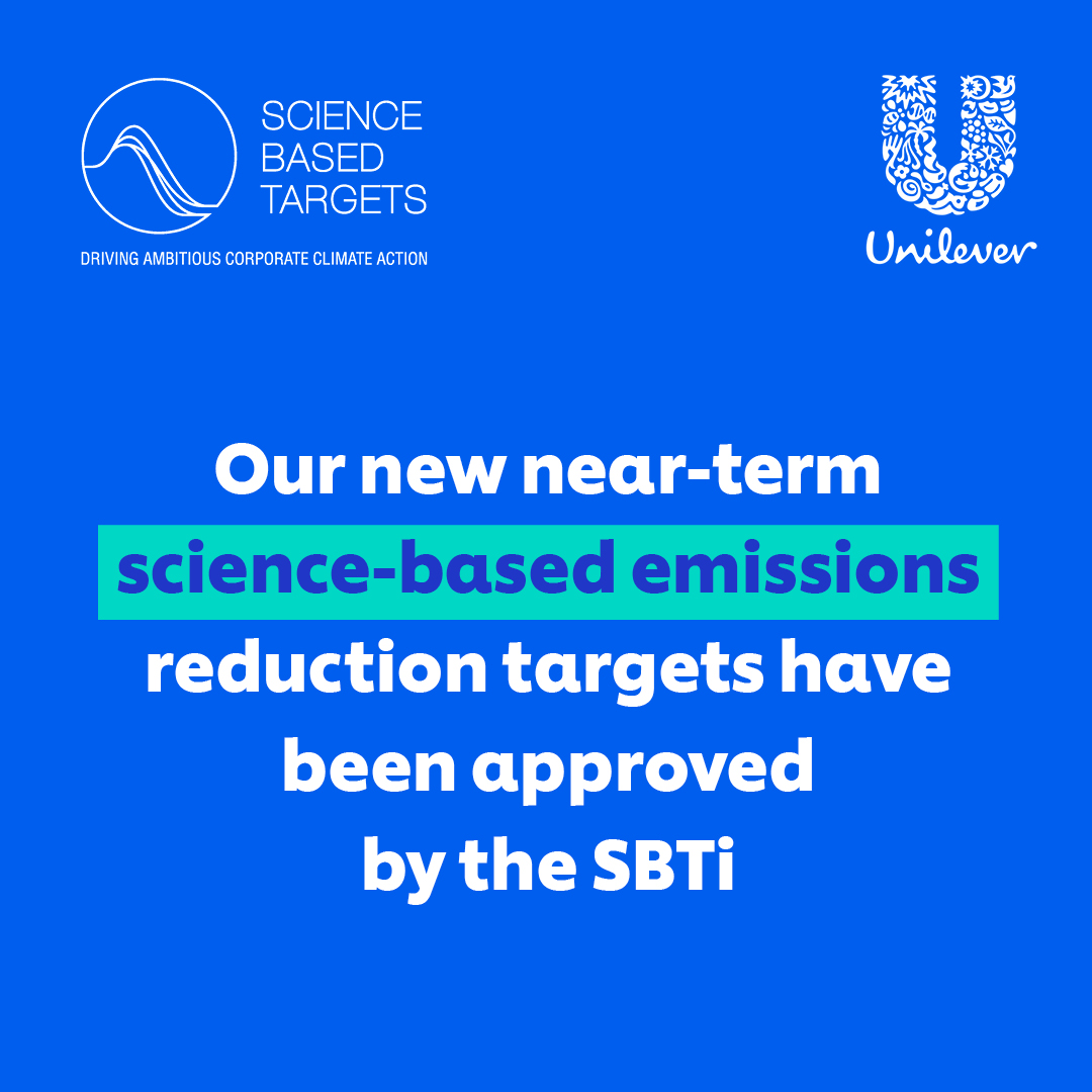 Unilever's tweet image. Ambitious climate action is a priority for Unilever, so we’re proud @sciencetargets has approved our new near-term science-based emissions reduction targets. 
 
Read more in our updated Climate Transition Action Plan: unilever.com/CTAP

#ScienceBasedTargets #SBTi  #Unilever