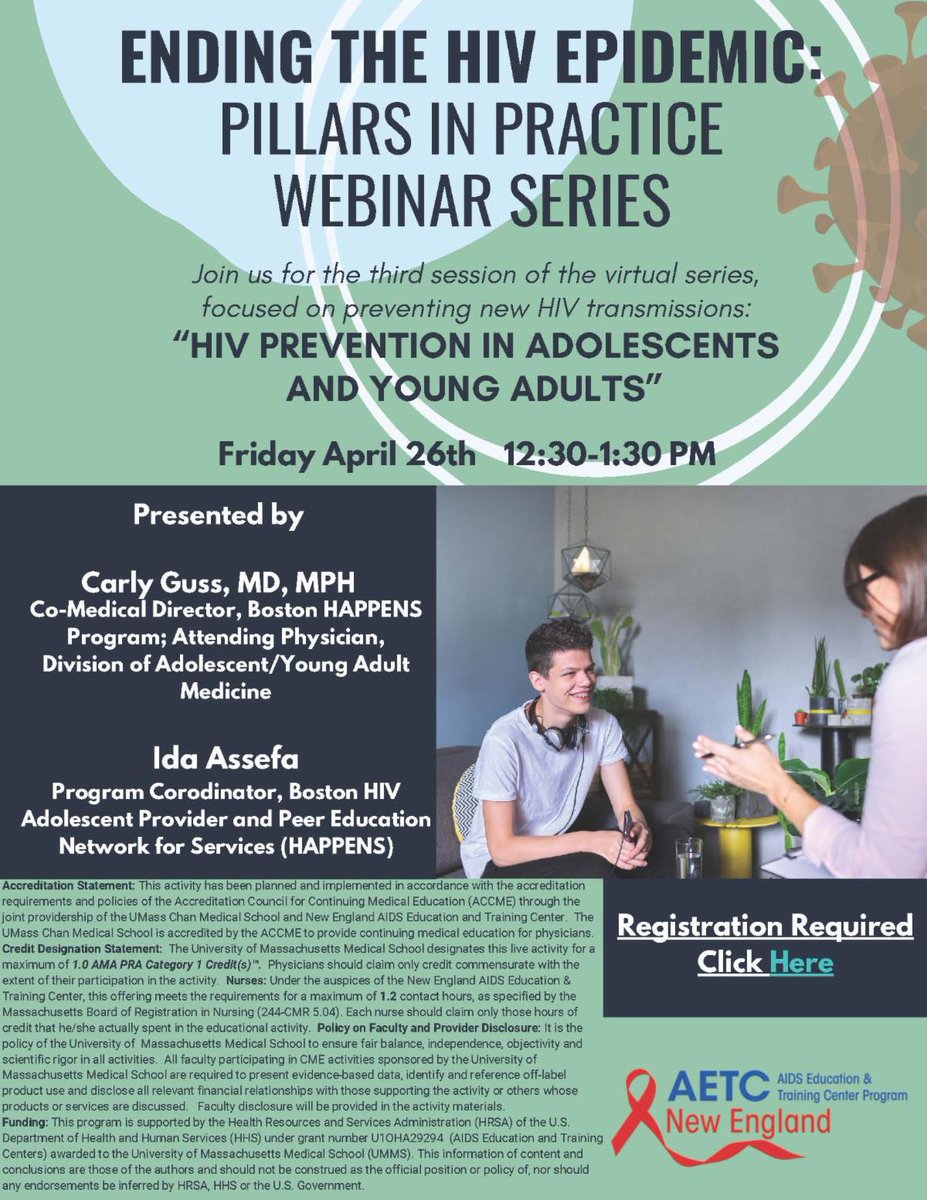 Webinar Tomorrow! Ending the HIV Epidemic: Pillars in Practice Webinar Series April 26, 2024 from 12:30 - 1:30pm ET More information is provided in the flyer and link below! Register here: neaetc.org/events/view/25…