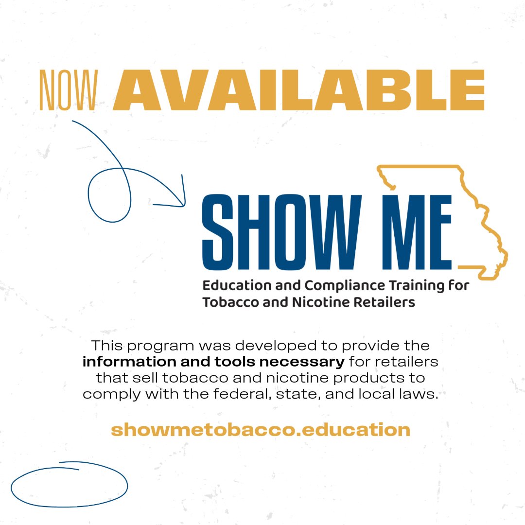 Did you know we recently launched a new program?? It provides the information and tools necessary for tobacco/nicotine product retailers to comply with federal, state, and local laws. Check it out at showmetobacco.education #TobaccoRetailers #ShowMeTobacco #Prevention #Training