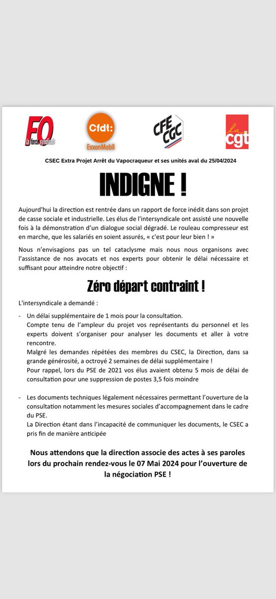 Clap de fin de la journée de #négociation lors du #CSES Extraordinaire ave la direction d'<a href="/ExxonMobil_FRA/">ExxonMobil en France</a> .
Il n'y a pas de mots pour qualifier l'attitude de la direction face à la <a href="/CFECGC/">CFE-CGC</a> et aux autres syndicats..juste INDIGNE...😡 
Nous ne nous laisserons pas faire :