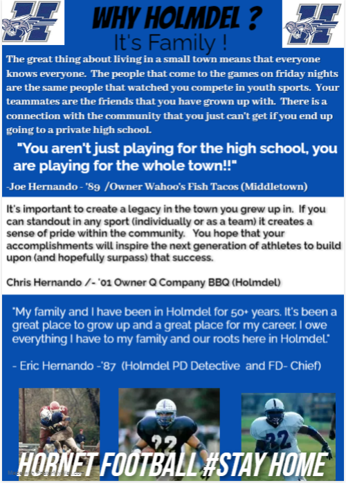 WHY HOLMDEL ? It's about FAMILY. Holmdel royalty speaks out on the importance of staying/living in a small town community and the bonds that it creates. Proud alums, Joe, Chris and Eric Hernando bleed Holmdel Blue- Check out why they chose to #StayHome and continue to be…