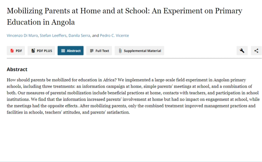 🚨New Publication🚨 Mobilizing Parents at Home and at School: An Experimental Evidence in Angola by @NOVAFRICA @NovaSBE Scientific Director @pedrocvicente with @sleeffers @vincenzodimaro @danilaserra_eco now out in #EDCC Read here:🔗bit.ly/4d6xCWC #EconTwitter
