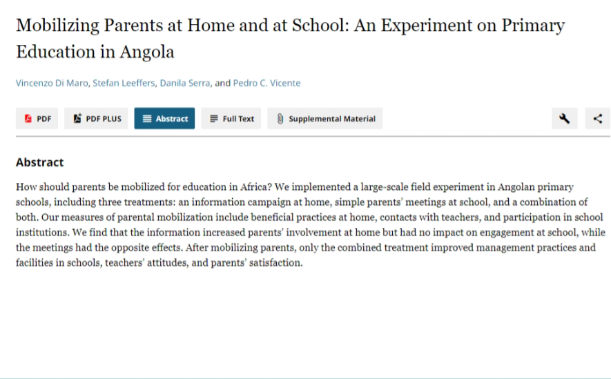 novafrica's tweet photo. 🚨New Publication🚨
Mobilizing Parents at Home and at School: An Experimental Evidence in Angola
by @NOVAFRICA @NovaSBE Scientific Director @pedrocvicente with @sleeffers @vincenzodimaro @danilaserra_eco now out in #EDCC
Read here:🔗https://t.co/ducup8JQbR
#EconTwitter https://t.co/9gP4hnC1Zy