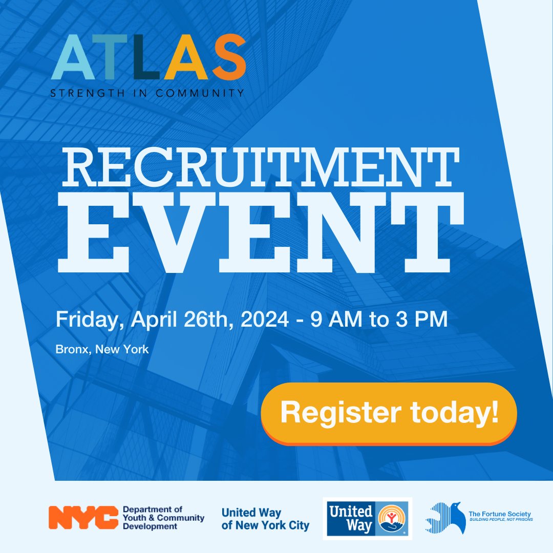 As we launch our new ATLAS program, we are hosting a special recruitment event this Friday, April 26. If you are interested in open career opportunities and attending the recruitment event in the Bronx, please visit bit.ly/atlasbronx to let us know today!
