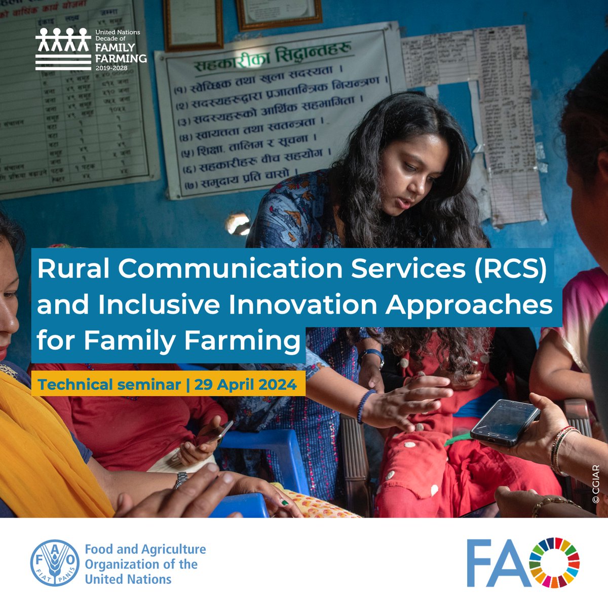 Rural communications services connect farmers all over the world to vital information Join the @FAO technical seminar on Rural Communication Services & Inclusive Innovation for #FamilyFarming 🗓️ 29 April 🕘 09:00: bit.ly/4aGcKUD 🕑 14:00: bit.ly/3UkmnCP