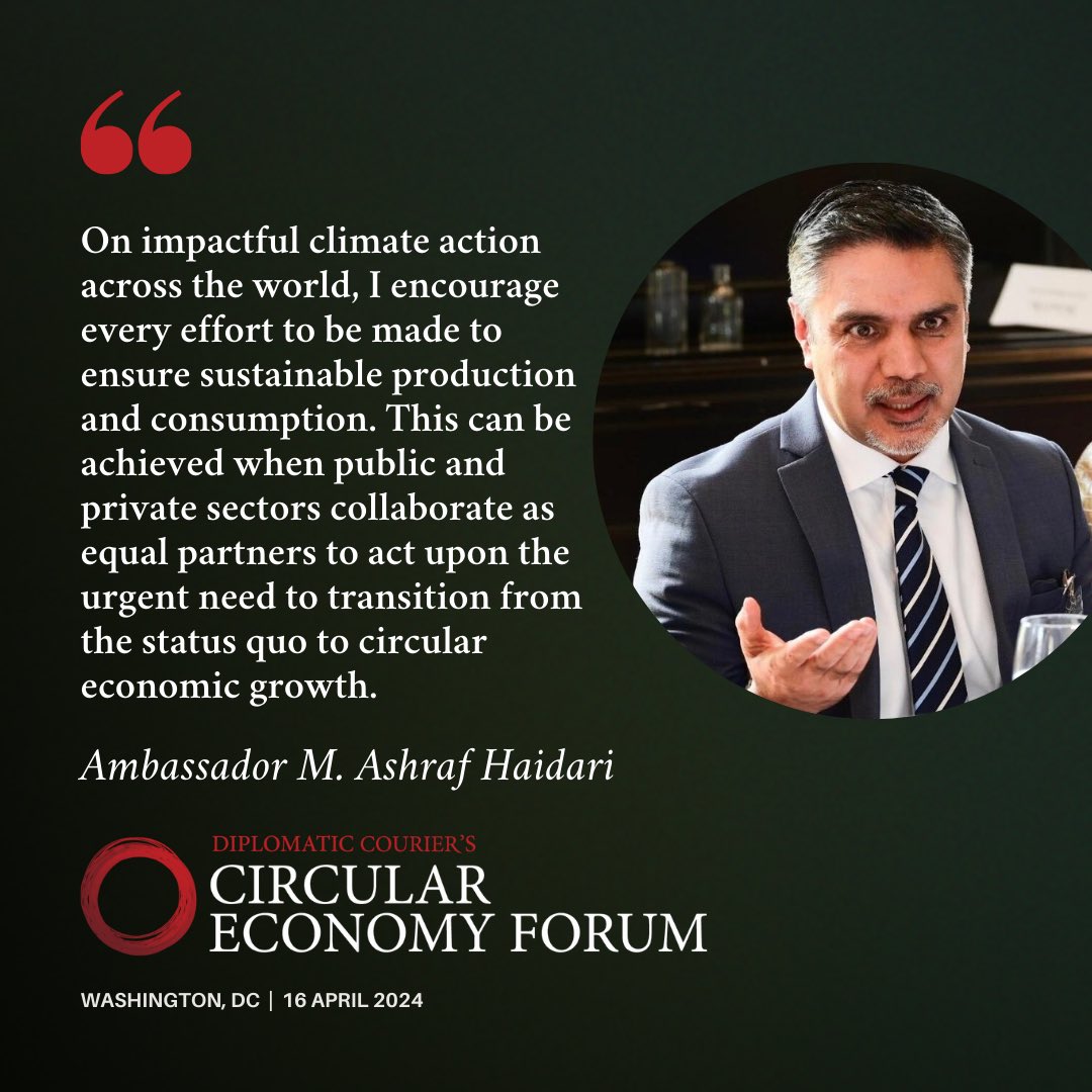 At this year’s #CircularEconomyForum with @CIPEglobal on the occasion of the IMF/World Bank #SpringMeetings in Washington, DC, Ambassador @MAshrafHaidari spoke on how the public and private sectors must collaborate to ensure climate action.