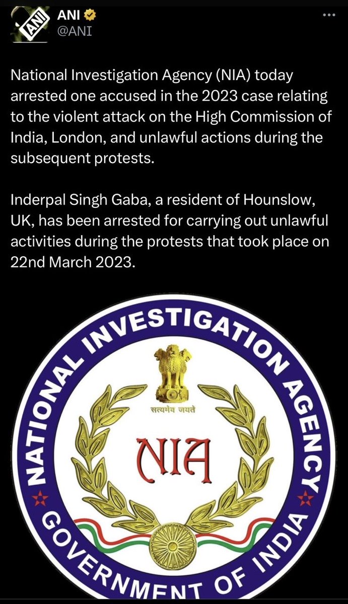 National Investigation Agency of India has apprehended Inderpal Singh Gaba, a resident of #Hounslow, #UK for his role in the unlawful activities during the March 22, 2023 protests at the High Commission of India, #London. The barbaric acts included desecration of the Indian flag…