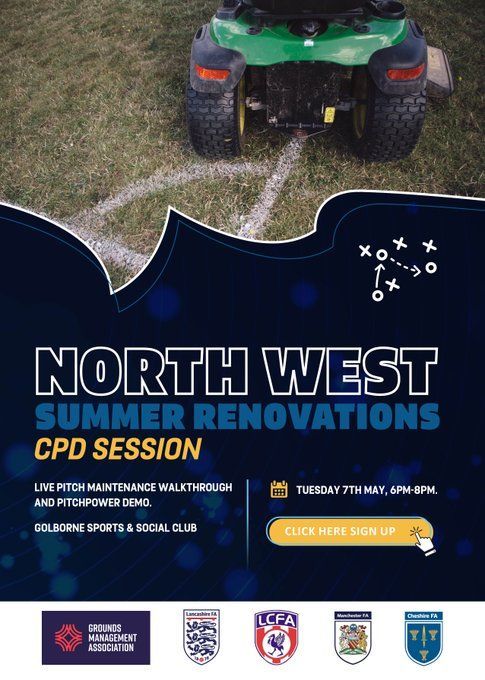 We're hosting a Summer Renovations CPD session for Grounds Teams across the North West, in partnership with @Manchester_FA, @Cheshire_FA & @LancashireFA 📅 Tue 7 May ⏰ 6pm-8pm 🏟️ Golbourne Sports & Social Club 💷 Free 🔗 bit.ly/3U5XxVV