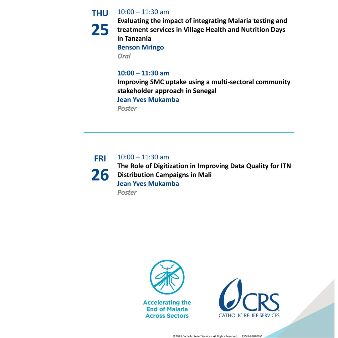 Don't miss CRS @MIM_PMAC today and Friday! See our scheduled presentation times below ⬇️ #WorldMalariaDay #WMD2024 #MIM2024
