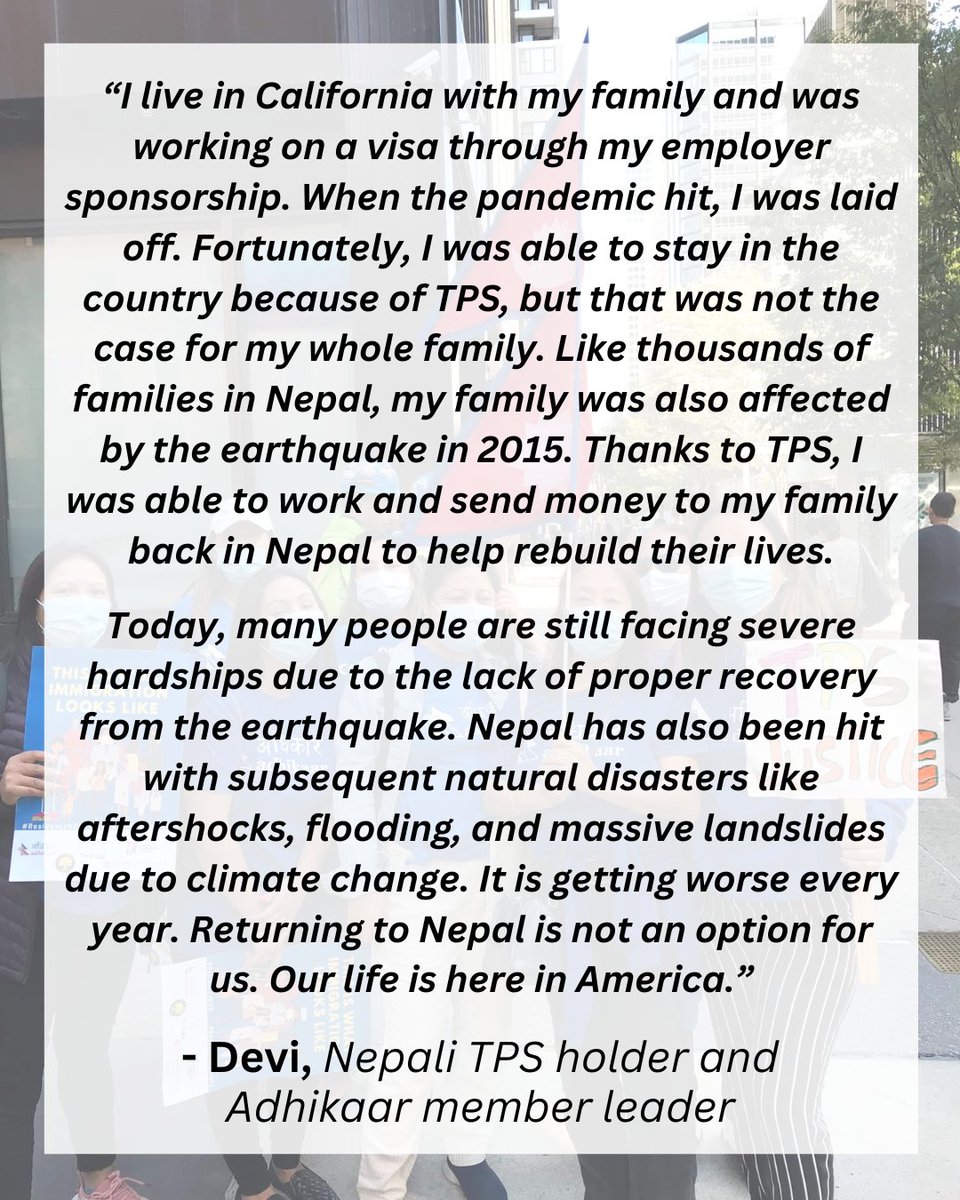 Like Devi, there are 15k+ Nepali TPS holders in the US who’re supporting families back home to rebuild their lives. TPS extension alone is not enough, we need the @POTUS, @WhiteHouse, and @DHSgov, @SecMayorkas to redesignate TPS for🇳🇵🇨🇩🇸🇻🇭🇳🇳🇮🇬🇹and all countries that qualify.
