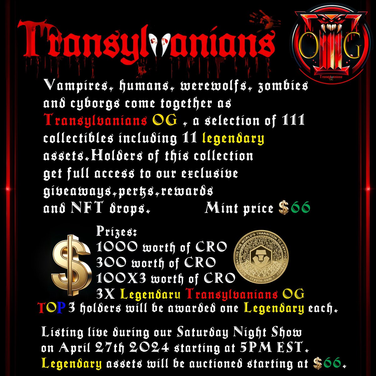 Greetings beautiful creatures of the night ✨ We are minting a small collection of 111 Transylvanians OG this weekend and will have a discord live list and sale just like back in the day , we go live Saturday April 27th at 5PM EST , we are looking forward to seeing you with us.