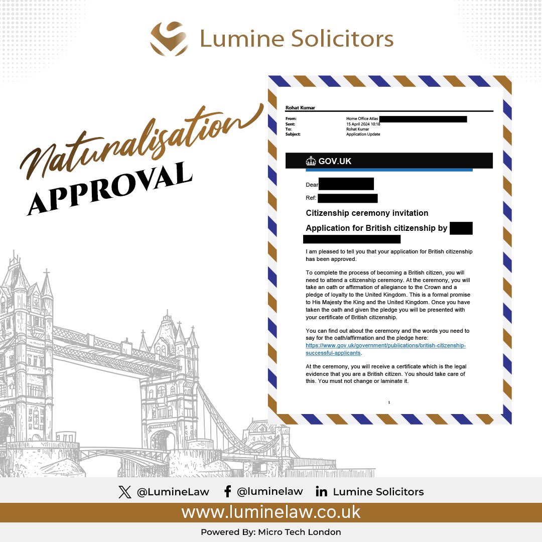 (15/04/2024) Lumine Solicitors successfully obtained the approval of naturalisation. 

If you are in need of assistance with obtaining citizenship, require legal advice, or need help with any other immigration matter, please do not hesitate to contact us. 

#luminelaw #lawfirms…